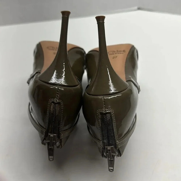 Chloe Ankle Heeled Boots Booties Boot Patent Leather Olive Green Size EU 37 US 7 - Picture 8 of 11